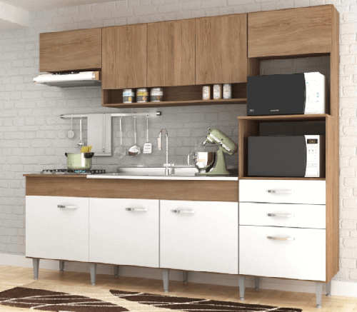 Cozinha compacta com nove portas e duas gavetas