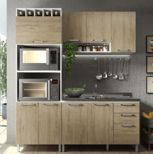 Cozinha modulada com oito portas e três gavetas
