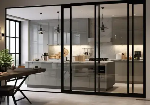 Divisória de vidro entre cozinha e sala no apartamento