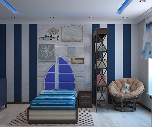 Quarto infantil com decoração de mar/praia.